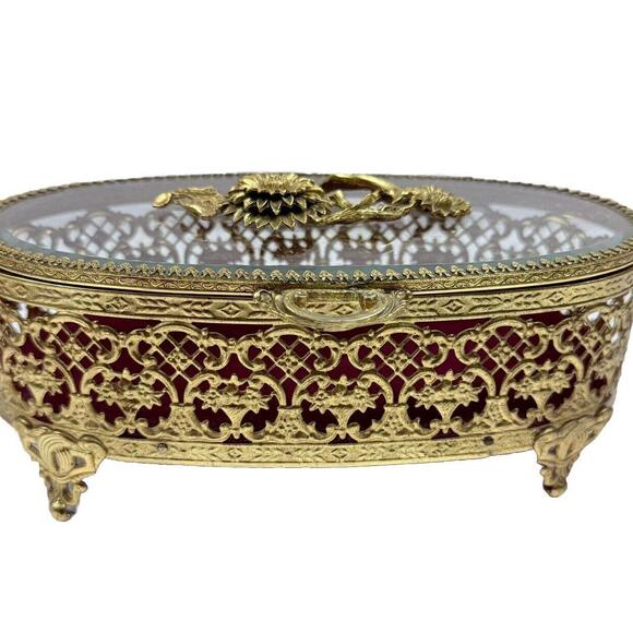 Vintage Jewelry Gold Ormolu Oval Rose Matson Casket Box Yellow Red Velvet 7 3/4”